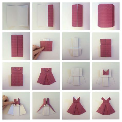 Simple tutorial on how to fold an origami dress Origami Dress Tutorial, Diy Origami Home, Origami Dresses, Diy Origami Home Decor, Paper Dress Patterns, Origami Home Decor, Origami Star Box, Tutorial Origami, Origami Ball