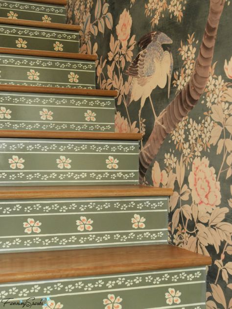 Stenciled Stairs, Painted Stair Risers, Wallpaper Stairs, Painted Staircases, Basement Remodel Diy, Painted Stairs, Space Painting, Green Paint Colors, Sherwin Williams Paint Colors