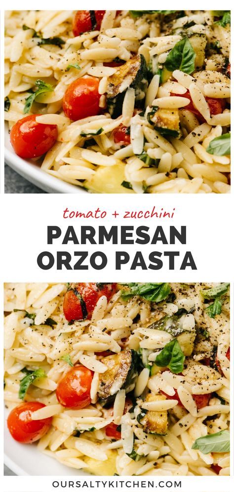 When you want comfort food without all the discomfort, reach for a light but hearty orzo pasta recipe. Creamy parmesan orzo with sautéed zucchini and tomatoes hits all the high notes. A little goes a long way when it comes to orzo (or risoni), and it blends perfect with nearly any sautéed or oven roasted vegetables. Parmesan cheese and pasta water make a creamy pan sauce. You'll love this as a light lunch or side dish. #orzopasta #orzorecipes #italianfood Parmesan Orzo Pasta, Orzo Recipes Healthy, Creamy Parmesan Orzo, Creamy Orzo Recipes, Risoni Recipes, Orzo Recipes Side, Orzo Dinner Recipes, Orzo Pasta Recipe, Pasta Recipe Creamy