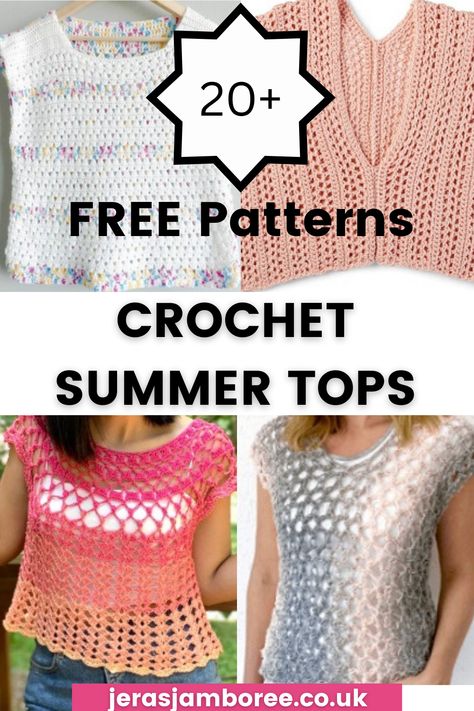 four photos of different crochet summer tops 1) square neck summer top in white 2) v-neck summer top in pink 3) boat neck crochet summer top in a lacy pattern 4) mesh crochet top with a scoop neck Panda Backpack, Pompom Tassel, Tassel Crochet, Summer Top Pattern, Black Crochet Dress, Crochet Panda, Crochet Vest Pattern, Crochet Ladies Tops, Backpack Free