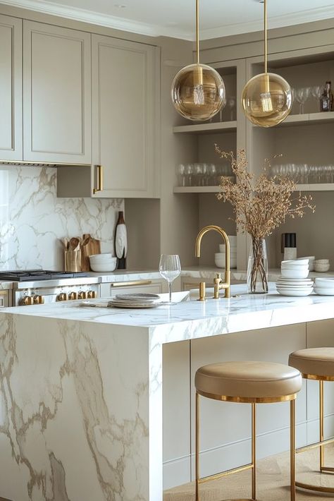 29 Kitchen Decorating Ideas for a Chic and Trendy Upgrade 25 Modern Kitchen With Gold Accents, Upscale Small Kitchen, Elegant Home Bar Ideas, Modern Kitchen Gold Hardware, Glamour Kitchen Ideas, Champagne Kitchen Decor, Beige White Gold Kitchen, Grey And Gold Kitchen Cabinets, Kitchen Ideas With Gold Fixtures