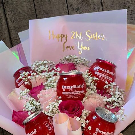 Jenny’s Flowers on Instagram: "buzzball bouquet 🫣" 21 Birthday Bouquet, Alcohol Bottle Bouquet, 21 Flower Bouquet, Flower Bouquet With Alcohol, Buzz Ball Bouquet, Bottle Decoration Ideas Birthday, Drink Bouquet, 21 Birthday Gift Ideas, Bottle Flower Arrangements