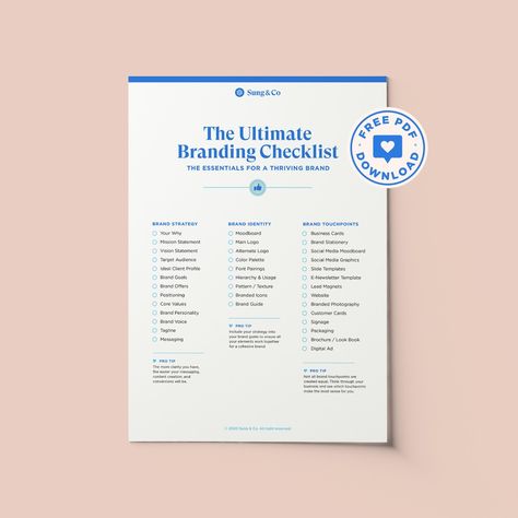 Do you have everything you need for your brand?  We’ve got a free branding checklist you can download! It includes a couple tips on how you can keep your brand consistent too. ✨  Download it now from our Resources page at sungandco.com.  #graphicdesign #logo #marketing #design #typography #creative #business #socialmedia #illustrator #logodesign Making A Logo, Brand Strategy Template, Typography Creative, Branding Checklist, Co Branding, Brand Strategy Design, Brand Assets, Business Articles, Branding Tips