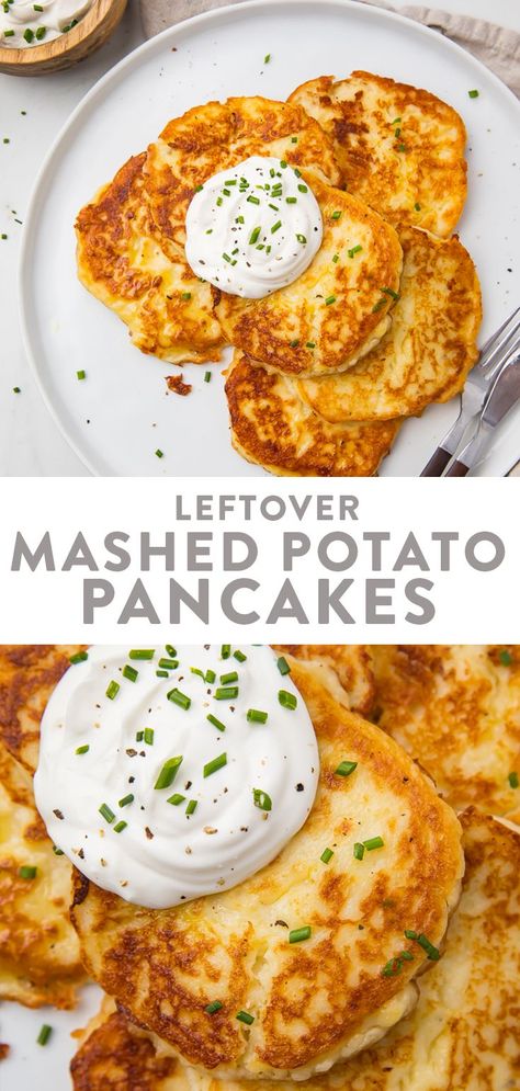 These mashed potato pancakes are the absolute most delicious way to use up leftover mashed potatoes! Perfect after Thanksgiving or Christmas or anytime you have mashed potatoes on hand, they make a great main course and are super easy to make gluten free or even paleo. #thanksgiving #vegetarianrecipe #mashedpotatoes #glutenfree #christmasrecipe Potato Pancakes From Mashed Potatoes, Potatoe Pancakes, Mashed Potato Pancakes Recipe, Leftover Mashed Potato Pancakes, Potato Pancakes Easy, Tasty Potato Recipes, Savoury Pancake Recipe, Mashed Potato Pancakes, Mashed Potato Cakes