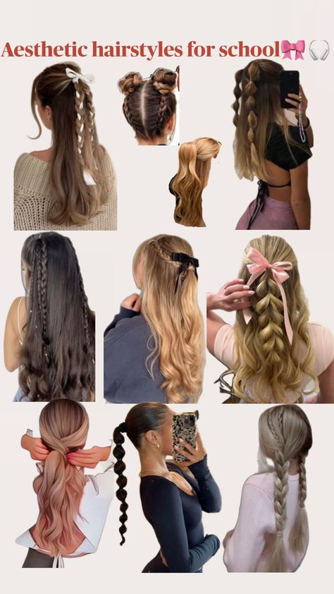 Aesthetic hairstyles for school 🎀🎧 First Day Off School Hair Styles, Cute Hair For The First Day Of School, Back To School Cute Hairstyles, Hair Ideas For College, Six Grade Hairstyles, Easy Hair Styles For School Pictures, Back To School Hairdos, Hairstyle Ideas For Back To School, Easy Hair Down Hairstyles For School