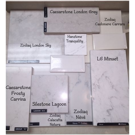 Various Quartz Countertop Samples:  Zodiaq London Sky, Zodiaq Neve, Zodiaq Cashmere Carrara, Zodiaq Calacatta Natura, LG Minuet, Hanstone Tranquility, Caesarstone London Grey, Caesarstone Frosty Carrina; shown with white beveled crackle tile and a creamy colored tile. London Grey Caesarstone, Frosty Carrina Caesarstone, Silestone Lagoon, Sky London, Living Room Decor Eclectic, Center Table Decor, Base Background, Living Room Center, Diy Screen Door