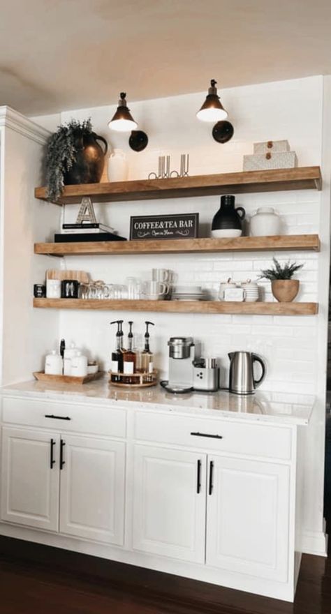 Corner Bar Ideas For Home, Coffee Cupboard, Kaffe Station, Kitchen Coffee Bar Ideas, Kitchen Coffee Bar, Country Property, Kitchen Floating Shelves, Syrup Dispenser, Coffee Bar Station