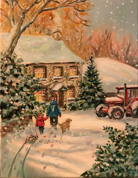 Cozy Christmas Artwork, Old Christmas Illustration, Vintage Christmas Widgets, Cozy Christmas Painting, Old Christmas Paintings, Christmas Painting Aesthetic, Christmas Vintage Photos, 1800s Christmas, Countryside Christmas