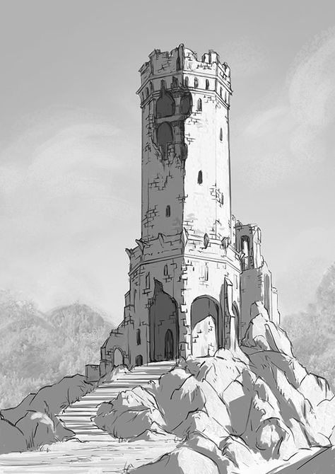 Old tower, Bogna Gawrońska on ArtStation at https://www.artstation.com/artwork/b0z2o Fantasy Structures Concept Art, Landscape Design Drawings, White Drawing, Landscape Design Plans, Landscape Architecture Design, Level Design, Building Art, Fantasy City, Fantasy Castle