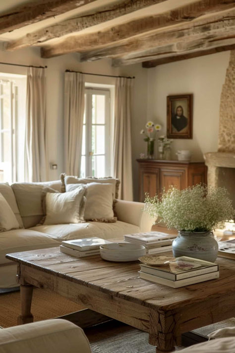 36 French Country Living Room Ideas That Capture Rustic Charm French Country Design Living Room, French Country Family Room Ideas, French Country Side Aesthetic, Provence Living Room, French Room Aesthetic, French Cottage Interiors, Vintage European Aesthetic, French Vintage Living Room, Rustic French Country Living Room