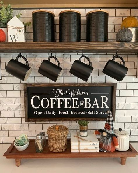 30 Best Coffee Bar Ideas 2022 - DIY Coffee Bar Ideas for Small Spaces Coffee Bar Chalkboard Sign, Coffee Bar Wooden Signs, Black And White Coffee Bar Ideas, Cute Coffee Bar Signs, Black And Wood Coffee Bar, Personalized Coffee Bar Signs, Coffee Bars In Kitchen Farmhouse, Small Coffee Station Ideas Kitchen, Coffee Bar Station Small Spaces Kitchen