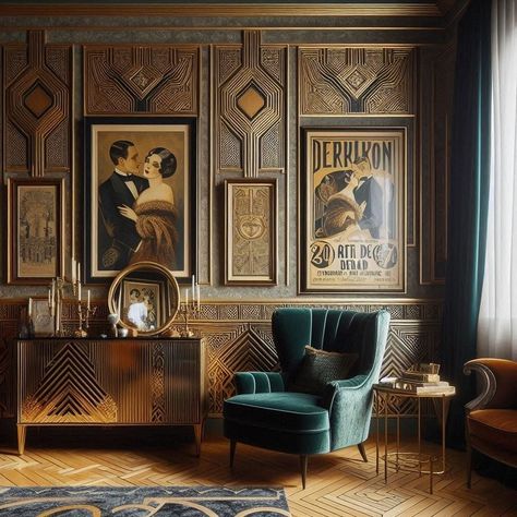 Hallway Art Deco, 1920s Art Deco Aesthetic, Apartment Art Deco, 20s Interior Design, Art Deco Closet, Art Deco Living Room Ideas, Salon Art Deco, 1920s Interior, Downstairs Bar