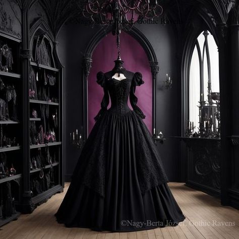 Black And Purple Victorian Dress, Gothic Victorian Style House, Black Vintage Dress Victorian, Black Old Fashioned Dress, Victorian Era Dresses Black, Vamp Wedding Dress, Vampire Masquerade Dress, Gothic Dress Elegant Long, Goth Dress Victorian