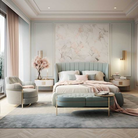 15+ Innovative Design Ideas for Modern Pastel Bedrooms • 333+ Images • [ArtFacade] Modern Pastel Bedroom, French Bedroom Design, Bedroom Inspiration Cozy, Pastel Bedroom, Luxe Bedroom, Modern Luxury Bedroom, Luxury Bedroom Design, Cama Queen, Luxury Bedroom Master