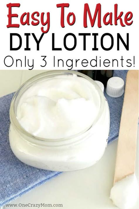 You’ll love this easy DIY lotion recipe that is non greasy and is great for dry skin. With only 3 ingredients, you can make your own lotion is less than 5 minutes! You’ll love this homemade lotion recipe that is all natural with shea butter and essential oils! #onecrazymom #diylotion #diy #homemade #allnatural #easydiy Homemade Body Lotion Recipes, Make Your Own Lotion, Easy Diy Lotion, Homemade Face Lotion, Diy Lotion Recipe, Body Lotion Recipes, Make Lotion, Diy Body Lotion, Homemade Body Lotion