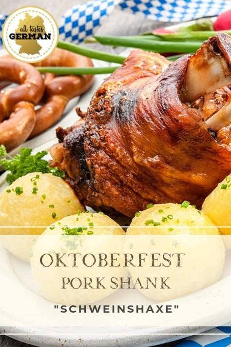 Roasted pork knuckles are probably the most important food item on every Oktoberfest menu. This dish is called “Haxn”, which means leg in the German Bavarian dialect. #oktoberfestrecipes #porkshank #porkknuckle #roasted #germanrecipes #bavarianrecipes #germanfood #germancooking #howtocook German Pork Knuckle Recipe, German Pork Shank Recipe, Pork Knuckle Recipe, German Pork Knuckle, Octoberfest Recipes, Shank Recipes, Pork Shanks Recipe, Pork Shanks, Oktoberfest Menu