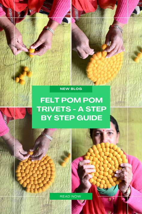 "Learn how to create your own unique felt ball trivets with our step-by-step guide! These colorful and fun trivets are perfect for protecting your surfaces and adding a pop of color to your kitchen. Follow the instructions in the post and make your own felt pom pom trivets today! #feltballtrivet #DIYtrivet #feltpompomtrivet #handmadehome #homedecor #kitchendecor" Felt Pom Pom Crafts, Felted Wool Trivet Diy, Felt Balls Crafts, Felt Ball Coasters Diy, Wool Felt Coasters Diy, Felt Ball Trivet, Felt Ball Trivet Diy, Diy Trivets Hot Pads, Pom Pom Coasters