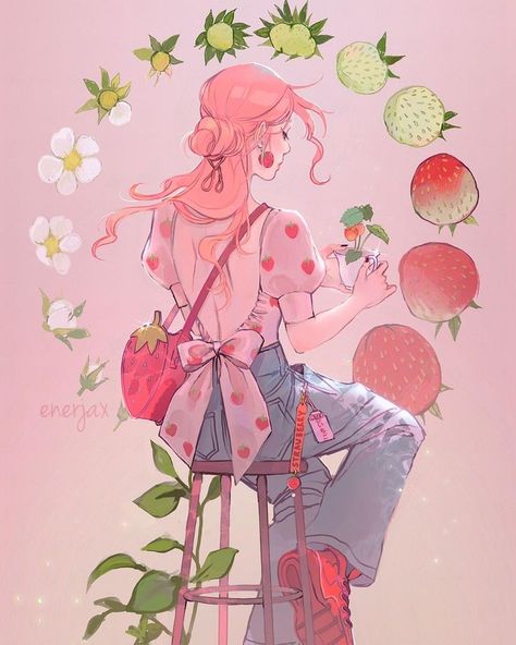 Cycle Drawing, Strawberry Girl, Strawberry Moon, Strawberry Art, Witch Characters, Art Of Letting Go, Anime Witch, Strawberry Moons, Fun To Draw