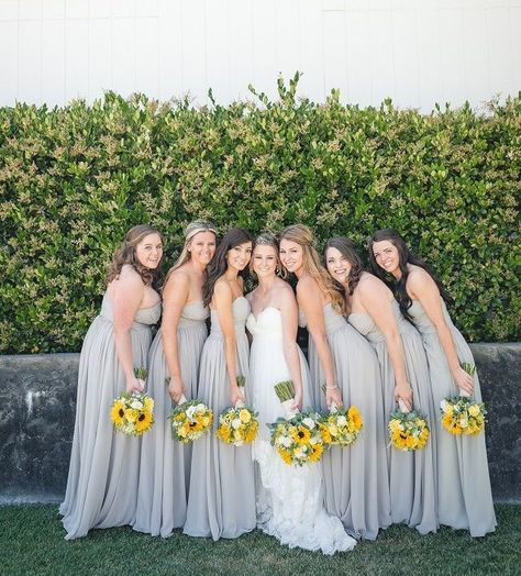 Sunflower Weddings, Blue Sunflower Wedding, Yellow Grey Weddings, Vineyard Weddings, Yellow Wedding Theme, Sunflower Theme, Sunflower Themed Wedding, Paper Divas, Yellow Bridesmaids