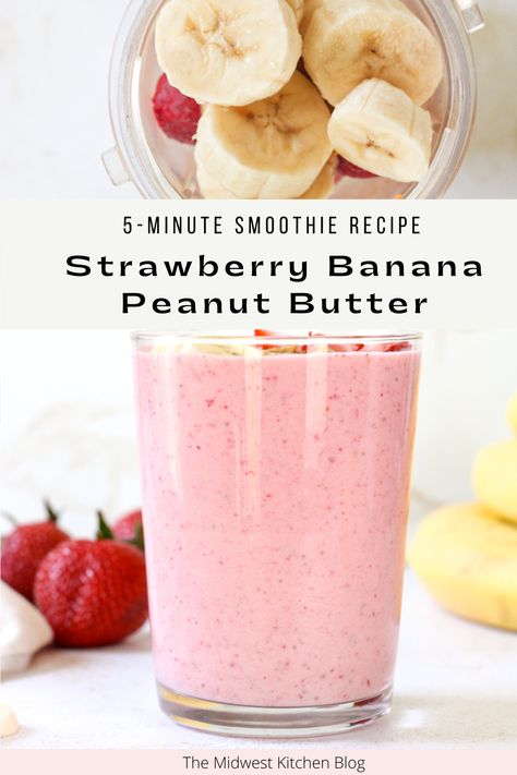 This strawberry banana smoothie with peanut butter is a healthy breakfast or after workout treat! It's light and flavorful and made with banana, frozen strawberries, milk, and creamy peanut butter. This recipe is made without yogurt but it's just as creamy and delicious! Strawberry Banana Peanut Butter Smoothie, Smoothie With Peanut Butter, Banana Peanut Butter Smoothie, Strawberry Peanut Butter, Quick Meals For Kids, Midwest Kitchen, Smoothie Without Yogurt, Banana Frozen, Smoothie Recipes Strawberry