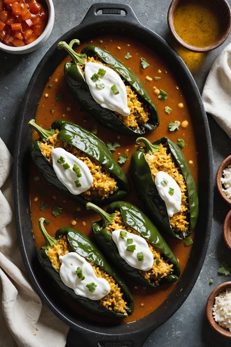 A photo of a  Chiles Rellenos which is a type of mexican sides dishes Mexican Veggie Sides, Mexican Christmas Dishes, Latin Thanksgiving Dishes, Mexican Thanksgiving Side Dishes, Sides For A Party, Mexican Bbq Ideas, Mexican Food Aesthics, Mexican Thanksgiving Dinner, Mexican Christmas Recipes