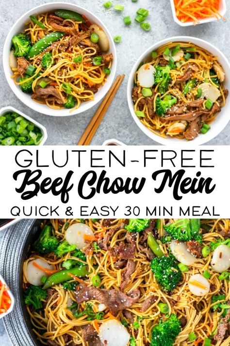 This recipe for beef chow mein is quick and easy and perfect for weeknight dinners. It's gluten free and a healthy alternative to Chinese takeout. #glutenfree #healthyrecipes #beefchowmein Gluten Free Chinese Food, Beef Chow Mein, Gluten Free Chinese, Gf Dinner, Chow Mein Recipe, 30 Min Meals, Gluten Free Noodles, Chinese Takeout, Simple Dinner