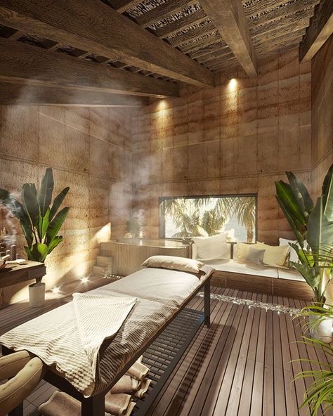 Tropical Spa Design, Mediterranean Spa Design, Recovery Spa Design, Natural Spa Interior Design, Indoor Spa Room Ideas, Tropical Spa Aesthetic, Jungle Spa Design, Spa Space Design, Nature Spa Design