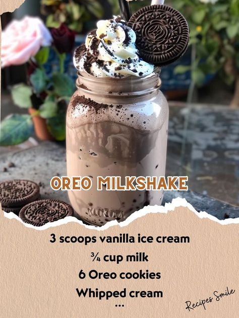 Recipes Smile | Oreo Milkshake :sparkles: Vanilla Milkshake Recipe, Recipes Oreo, Oreo Milkshake Recipe, Milkshake Recipe Easy, Milkshake Recipe Chocolate, Milkshake Flavours, Oreo Shake, Oreo Dessert Recipes, Ice Cream Chocolate