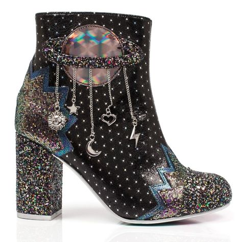 IRREGULAR CHOICE Intergalactic Planets Collection Heels Diy Ideas, Bedazzled Boots, Irregular Shoes, Irregular Choice Heels, Boot Collection, Irregular Choice, Aesthetic Shoes, High Heel Boots Ankle, Heels Black