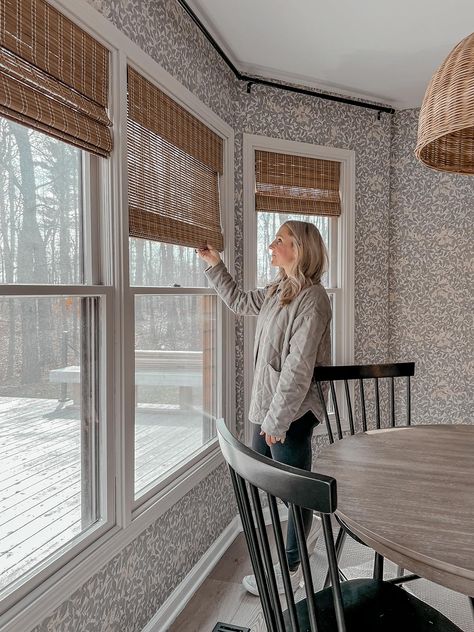 Bamboo Shades In Kitchen, Bamboo Roman Shades Kitchen, Manuel Builders, Oak Banister, Home Decor Budget, Diy Sideboard, Bamboo Roman Shades, Fireplace Frame, Modern Farmhouse Diy