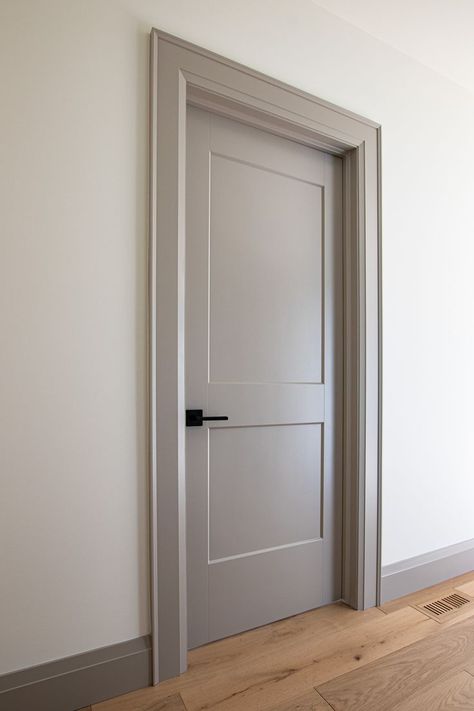 Grey Bedroom Doors White Trim, Grey Doors White Walls Interior, Door Casing And Baseboard, Door Casing And Baseboard Ideas, Doors For Rooms Bedrooms, Painted 6 Panel Doors, Grey Interior Doors And Trim, Grey Trim And Doors Interior, Grey Door Frames