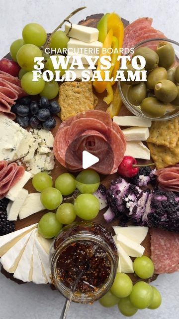 Charcuterie Board How To Fold Salami, Meat River Charcuterie, How To Arrange Salami On Charcuterie, Keeping Charcuterie Board Cold, Charcuterie Salami Ideas, Charcuterie Meats Folding, Charcuterie Board Assembly, Salami Folded Charcuterie, Chucurity Board Ideas