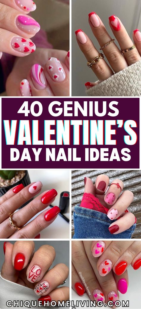 Looking to make your nails as sweet as your Valentine? These 50 Super Cute Valentine’s Day Nail Design Ideas are perfect for spreading love and cheer this season! From charming heart patterns and romantic red and pink ombrés to sparkly accents, kiss marks, and delicate florals, these designs are all about love and fun. Whether you prefer subtle pastel tones or bold, eye-catching designs, there's something for every style. Cute Valentine Day Nails, Valentine Nail Art Designs Heart, Valentine Pedicure, Valentine Nail Art Designs Unique, Pink Nails Valentine's Day, Pink And Red Nail Designs, Valentines Red Nails, Valentine's Day Nail Design, Nail Art Valentines