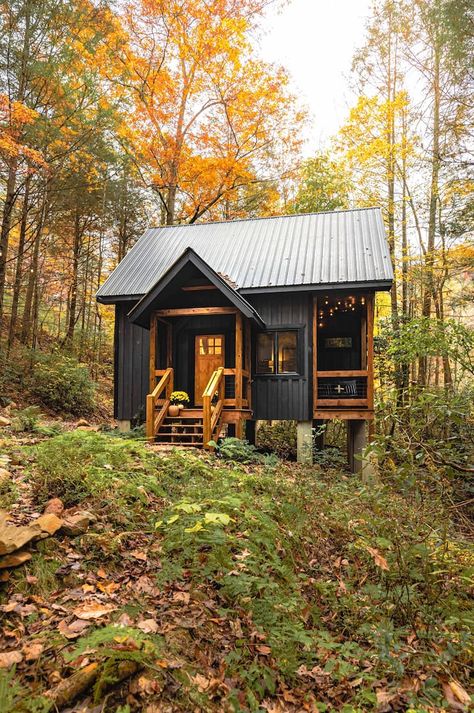 Tiny Cabin Exterior Ideas, Small Cabin Cottage, Cute Cabins In The Woods, Remote Cabin In The Woods, Small Cabin Porch Ideas, Tiny Home In The Mountains, Small Cabin Airbnb Ideas, Small Cabin Woods, Tiny Homes In The Woods