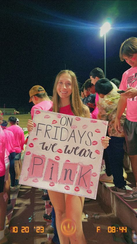 Football pink out student section themed sign Pink Out Outfits Football Game, Pink Out Football Game Outfits Ideas, Dig Pink Poster Ideas, Pinkout Ideas Football Pink Out, Pink Out Signs Football, Pink Out Poster Ideas, Pink Out Outfit Ideas, Pink Out Game Posters, Pink Out Football Game Signs