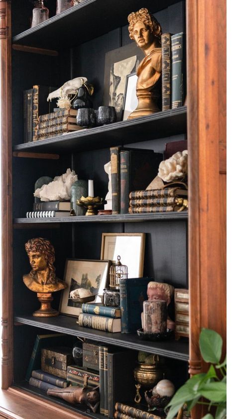 Dark Academia Shelves Decor, Dark Academia Shelf Styling, How To Style A Library, Bookshelf Altar Ideas, Dark Old World Decor, Hogwarts Aesthetic Decor, Moody Shelves, Dark Academia Shelves, Dark Academia Shelf Decor