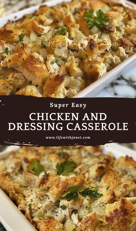 CHICKEN AND DRESSING CASSEROLE Rotisserie Chicken And Dressing, Quick Easy Sunday Dinner, Turkey And Dressing Casserole, Sunday Dinner Casseroles, Stove Top Stuffing Recipes, Dressing Casserole, Chicken And Dressing, Chicken And Dressing Casserole, Quick Casseroles