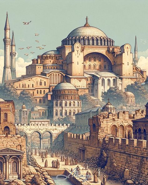 🗣️On this day in 330 AD, Emperor Constantine the Great dedicated Byzantium as 'New Rome,' later known as Constantinople and today as Istanbul. This event marked a pivotal moment in history, establishing one of the most influential cities in the world. 🏛️🌍 #History #MAYAiCEO Ancient Byzantine Architecture, Constantinople Aesthetic, Constantinople Byzantine, Rome Empire, Rome History, Fall Of Constantinople, Cityscape Drawing, Rome Art, Constantine The Great