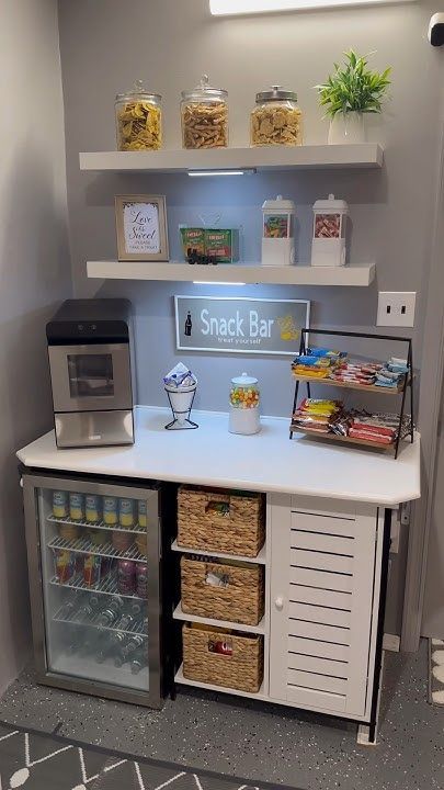 Open Bar Ideas For Home, Snack Bar Living Room, Family Room Snack Station, Coffee Bar In Salon Ideas, Snack Bar Room Ideas, Closet Snack Bar Ideas, Salon Coffee Bar Ideas Small Spaces, Snack Bar Basement Ideas, Game Room Snack Station