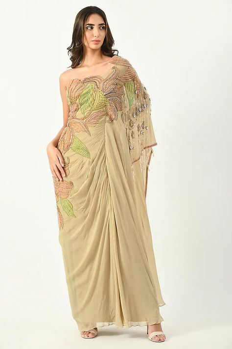 Beige Embroidered Draped Kaftan Design by Moledro at Pernia's Pop Up Shop 2022 Draped Kaftan, Embroidered Lily, Kaftan Design, Bridal Bouquet Flowers, Hand Painted Sarees, Indian Fashion Designers, Saree Dress, Pernia Pop Up Shop, Designer Dresses Indian