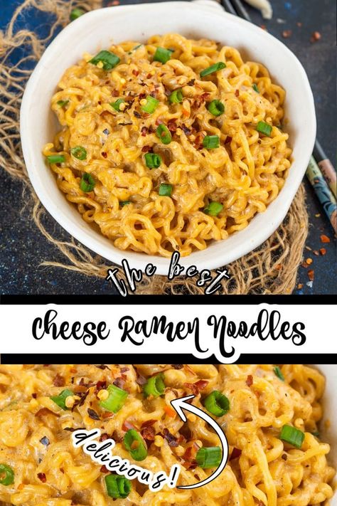 Cheesy Ramen Recipe, Cheese Ramen Noodles, Creamy Ramen Recipe, Cheesy Noodles Recipes, Ramen Dinner Recipes, Spicy Ramen Noodle Recipes, Korean Comfort Food, Top Ramen Recipes, Chicken Ramen Noodle Recipes