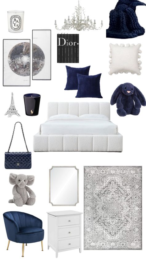 #bedroom #inspo Navy Room Decor, Bedroom Mood Board, Blue Room Decor, Room Wishlist, White Room Decor, Luxury Room Bedroom, Room Redesign, Preppy Room, Redecorate Bedroom