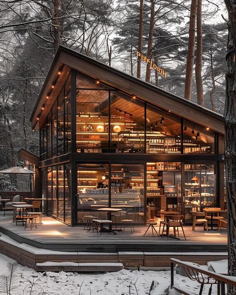 Snowy Haven Café by Maedeh Hemati @mah_design_architecture. 🔗 https://www.amazingarchitecture.com/visualization/snowy-haven-cafe-by-maedeh-hemati Maedeh Hemati: Indulge in the serene charm of this coffee shop, designed in the distinctive style of Philip Johnson architecture. The gray wood and glass facade, captured in a mesmerizing close-up shot, invites you into a world of warmth and elegance. Nestled amidst an outdoor snowy forest, the natural light filters through the glass panels, creat... Philip Johnson Architecture, Rustic Coffee Shop, Forest Cafe, Wood Cafe, Glass Facade, Rustic Cafe, Restaurant Exterior, Shop Facade, Philip Johnson