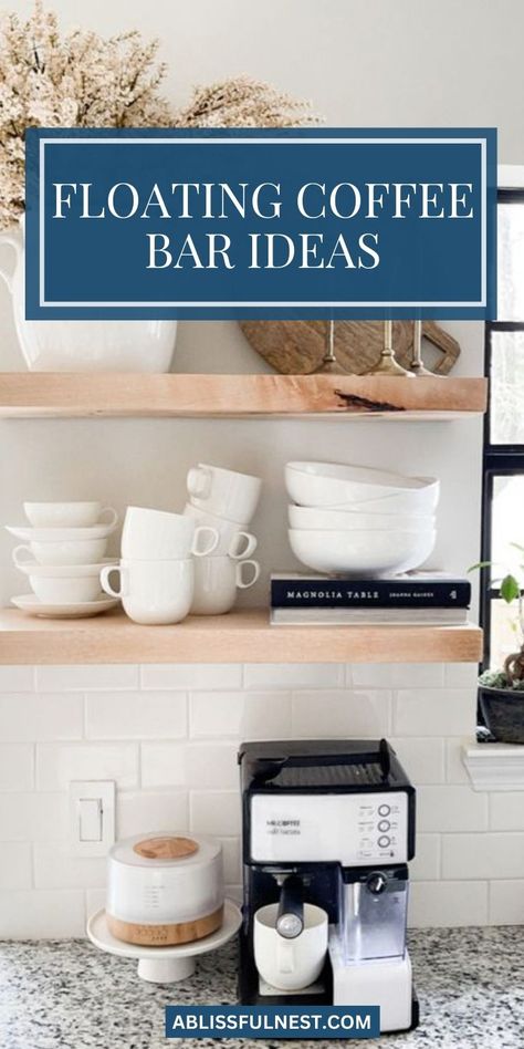 Elevate your morning routine with floating coffee bar ideas that are both functional and aesthetically pleasing. These minimalist shelves blend seamlessly into any kitchen design, adding a touch of sophistication while keeping your coffee essentials organized and accessible. Display your favorite mugs and brewing tools front and center, making your morning coffee ritual even more enjoyable. #minimalistdesign #coffeestation #homebarista Coffee Bar Ideas Floating Shelves, Floating Shelves Over Coffee Bar, Open Shelf Coffee Station, Floating Coffee Bar, Coffee Bar Shelf Decor, Coffee Bar Shelves, Bar Shelves Ideas, Coffee Essentials, Outdoor Interior Design