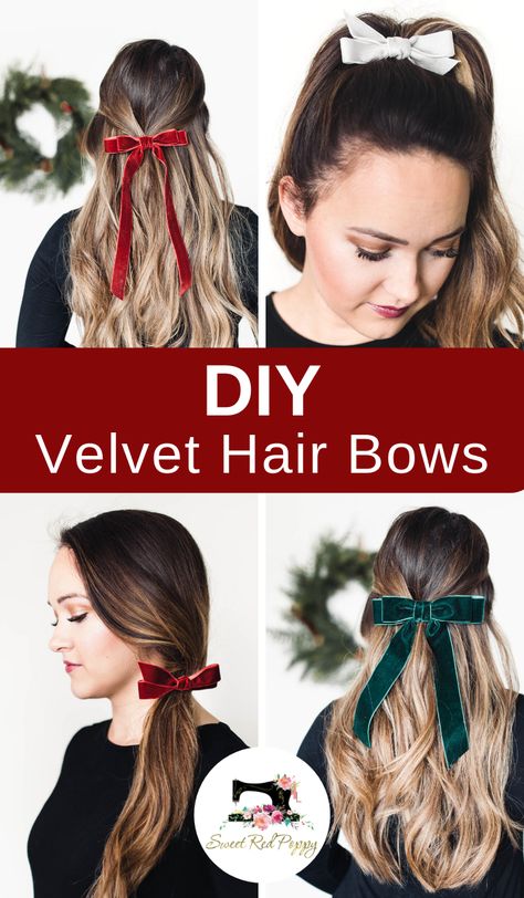 Create your own Velvet Hair Bows with this simple DIY tutorial using supplies from JOANN.  Get the tutorial here: https://sweetredpoppy.com/simple-hand-tied-velvet-bows-joann/  #ad #handmadewithjoann Velvet Hair Bows, Velvet Bows, Bows Diy, Christmas Hair Bows, Beginner Sewing Projects Easy, Fabric Headbands, Velvet Hair, Christmas Hair, Diy Bow