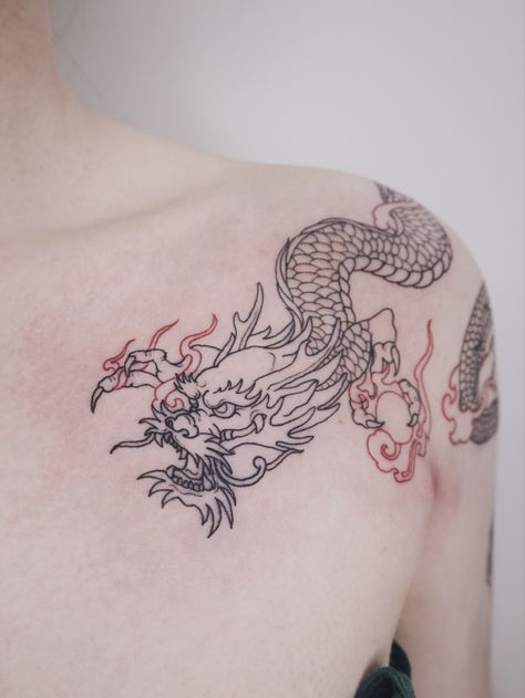 Chinese Dragon Tattoos Shoulder, Dragon Tattoo Collar Bone, Dragon Chest Tattoo Female, Dragon Tattoo On Side, Dragon Shoulder Tattoo, Dragon Tattoo Shoulder, Dragon Tattoo Stencil, Soft Tattoo, Chinese Dragon Tattoos