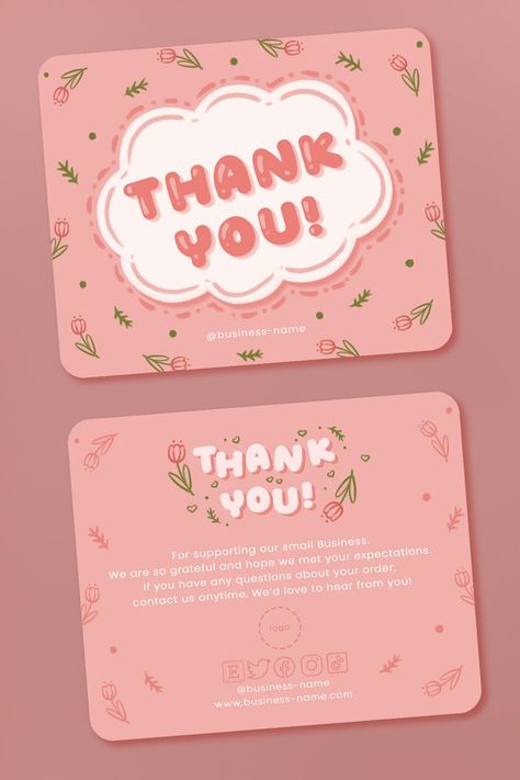 Thank You Card Cute Design, Kartu Terima Kasih Online Shop, Cute Thank You Cards For Small Business, Thank You Logo Design, Thanks For Order Cards, Thankyou Card Cute, Template Thank You, Thank You Card Business Free Printables, Business Card Thank You