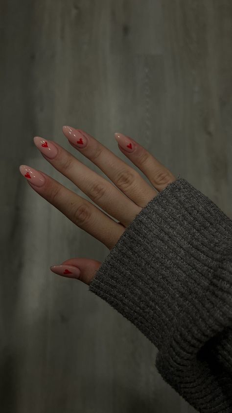 Almond Nails Short Valentines, Short Almond French Tip Nails Christmas, Red French Valentine Nails, Almond Nails Designs Fall 2023, Biab Almond Nail, Almond Nails Designs Valentines Day, February Almond Nails, Nail Inspo February, February Nail Inspo 2024