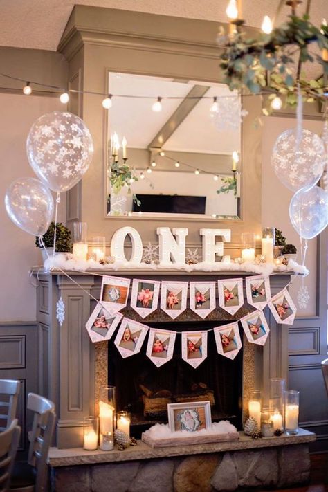 First-year photo banner, decor and bunting from a Winter ONEderland First Birthday Party on Kara's Party Ideas | KarasPartyIdeas.com (4) Fireplace Party Decorations, Winter Onederland Party Crafts, Birthday Party Fireplace Decor, Mantle Birthday Decor, First Birthday Fireplace Decor, Birthday Party Mantle Decor, 1st Birthday Fireplace Decor, Birthday Mantel Decor, 1 Year Birthday Winter Theme