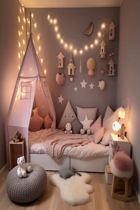 Soft Lighting in Toddler Girl's Bedroom Small Girls Room Ideas, Pink Kids Bedroom Ideas, Kids Bedroom Ideas For Girls Toddler, Girl Toddler Bedroom, Small Toddler Rooms, Girls Bedroom Ideas Toddler, Pink Toddler Rooms, Toddler Girls Room, Bedroom For Two